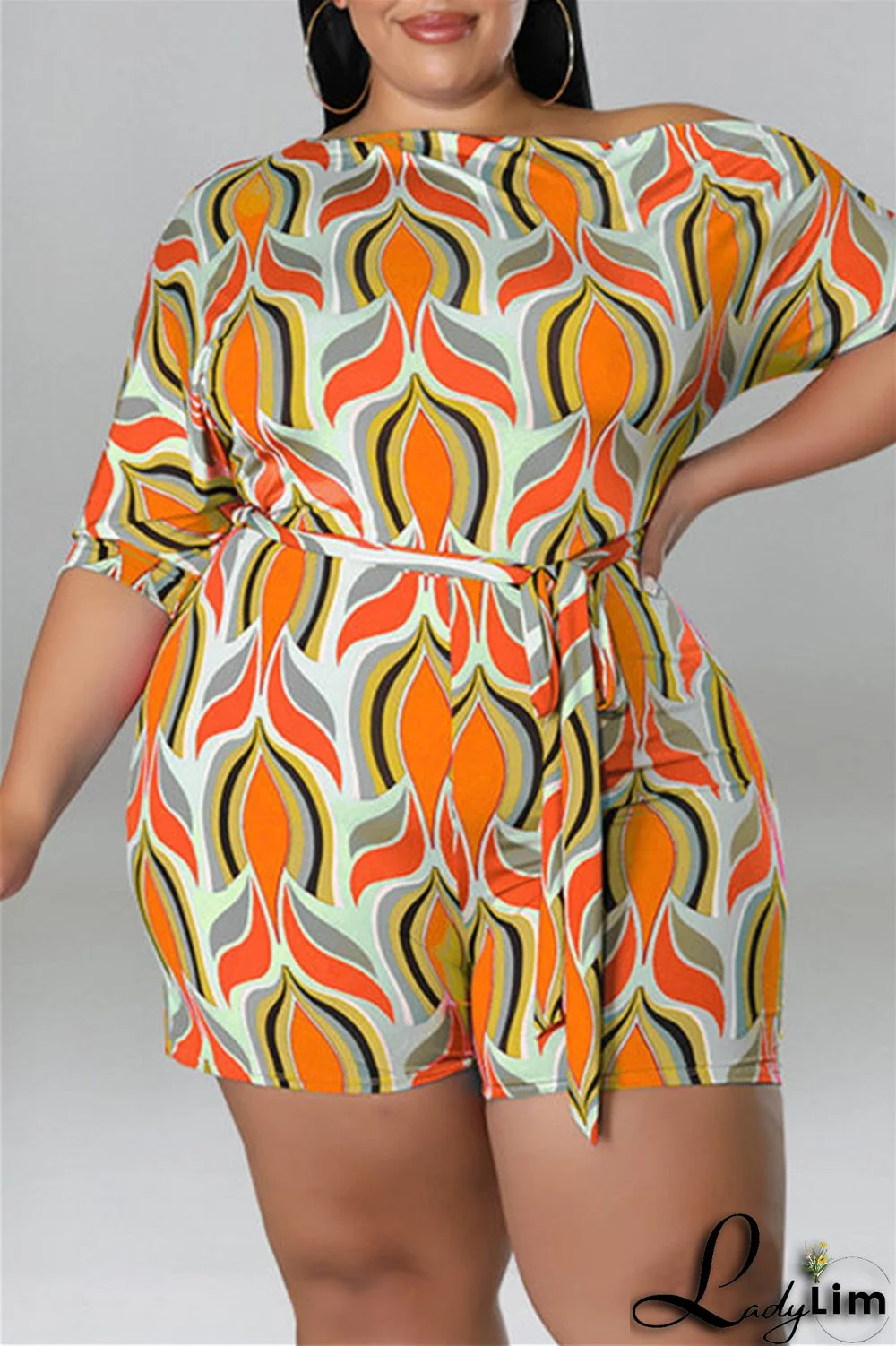 Yellow Fashion Casual Print Basic Oblique Collar Plus Size Romper