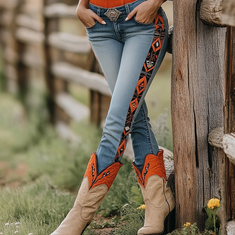 Western Vintage Style Faux Denim Aztec Print Women's Casual Pants