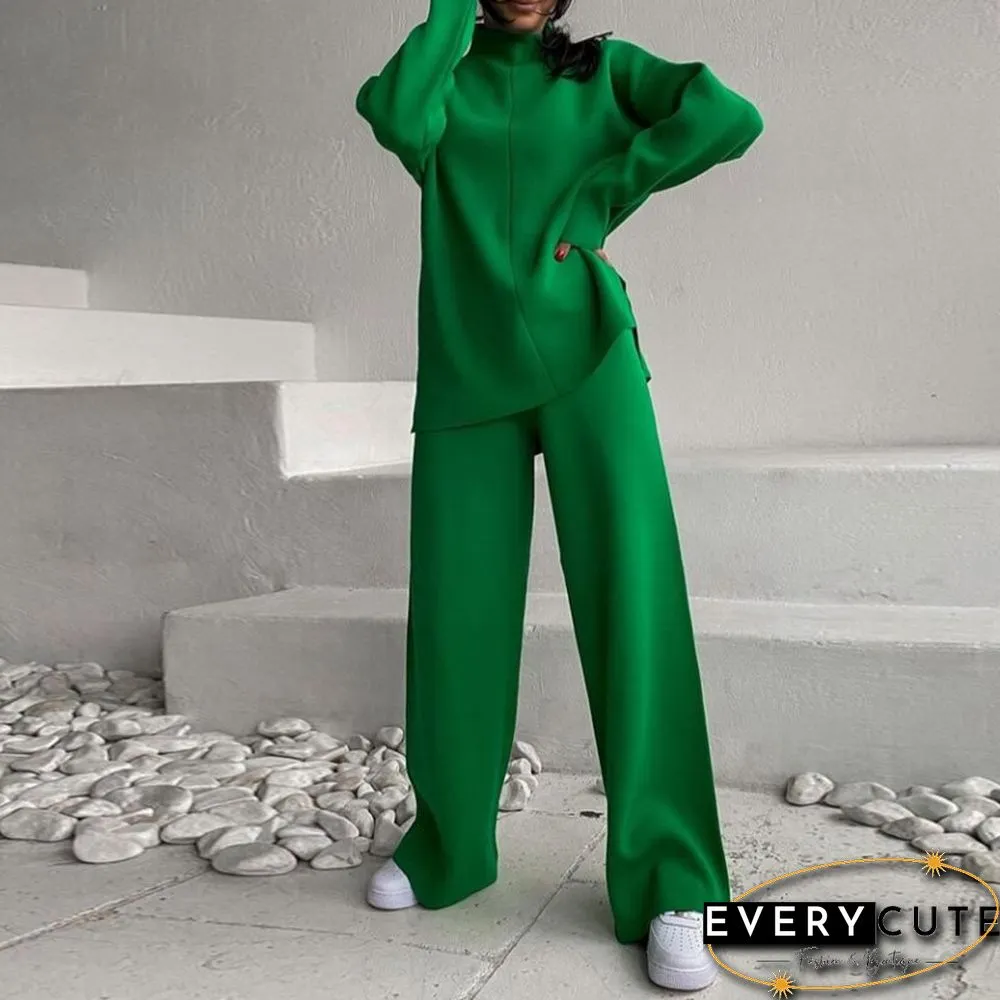 Winter Women Long Sleeve Loose Casual Sweater Knit Top Trousers Set High Neck Solid Color