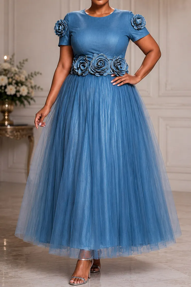 Xpluswear Design Plus Size Wedding Guest Tulle Blue Round Neck Short Sleeve 3D Contrast Tencel Denim Maxi Dresses Blue-2XL/18-20