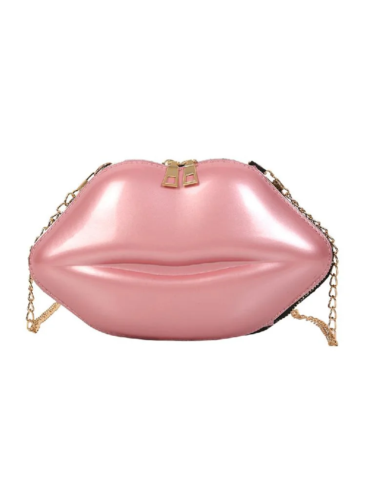Lips Women PVC Handbags Chain Messenger Bags Shoulder Party Clutch (Pink)
