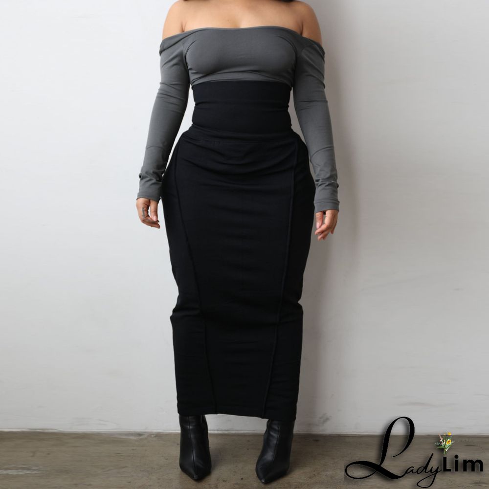 Women's Fashion Solid Color High Waist Elastic Tummy Control Patchwork Car Trim Maxi Dress