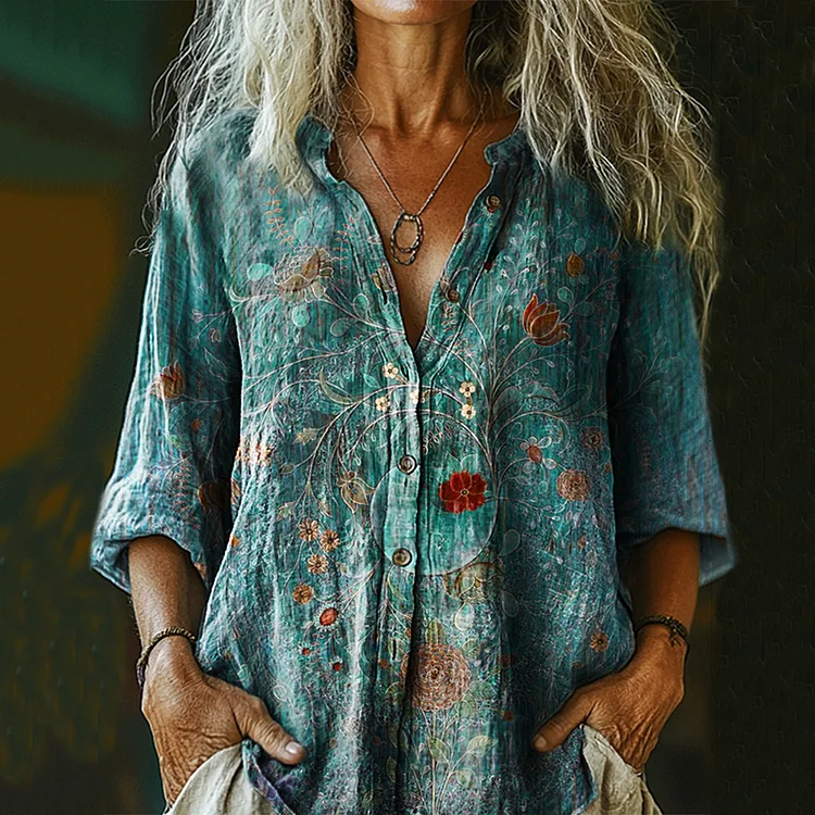 Women's Vintage Floral Print Casual Cotton And Linen Shirt