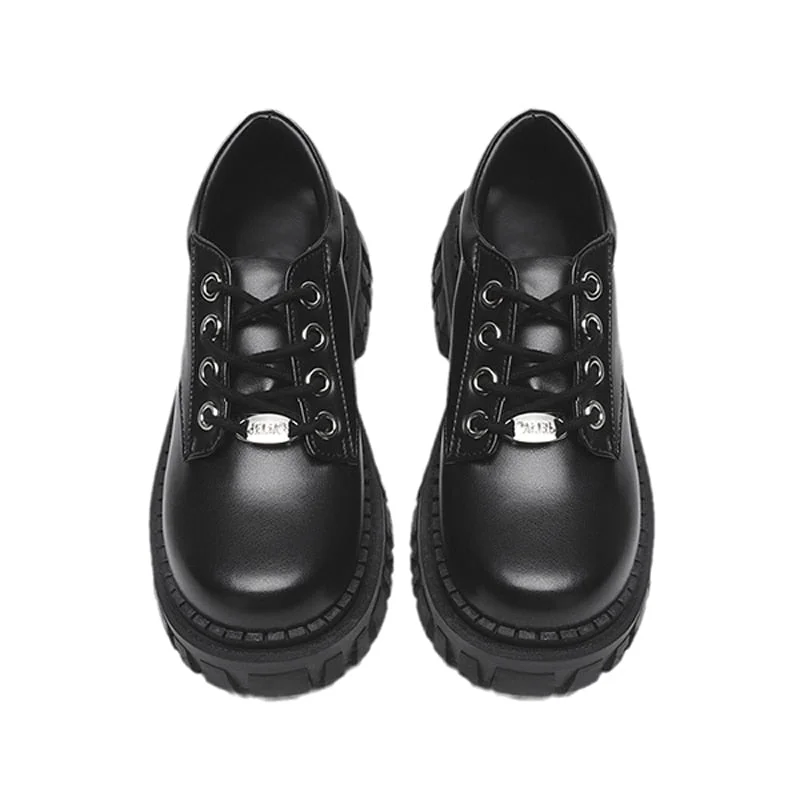 Mary Janes Shoes For Women Fashion British Platform Ladies Pumps Lace Up PU Leather Shallow Leather Black Shoes Zapatillas Mujer