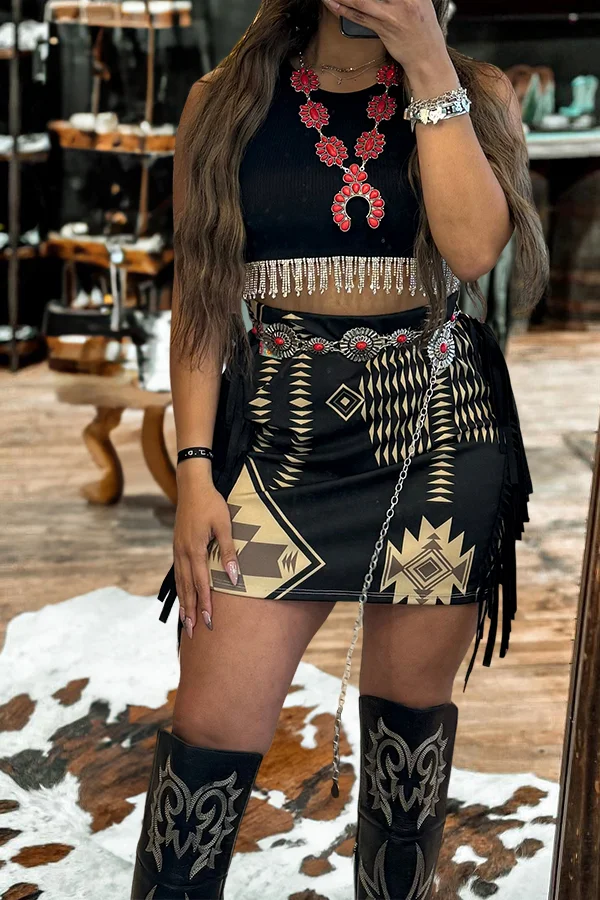 Retro Aztec Fringe Skirt