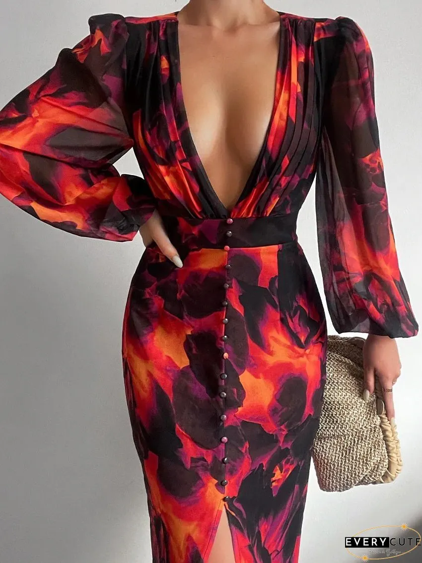 Dresses Deep V Neck Button Long Sleeve Slit Dress for Women
