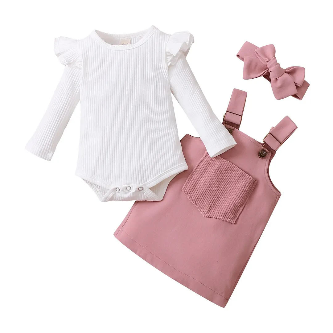 3Pcs Baby Girls Outfit, Sweet Style Solid Color Long Sleeve Round Collar Romper + Front Pocket Suspender Skirt + Headwear Set