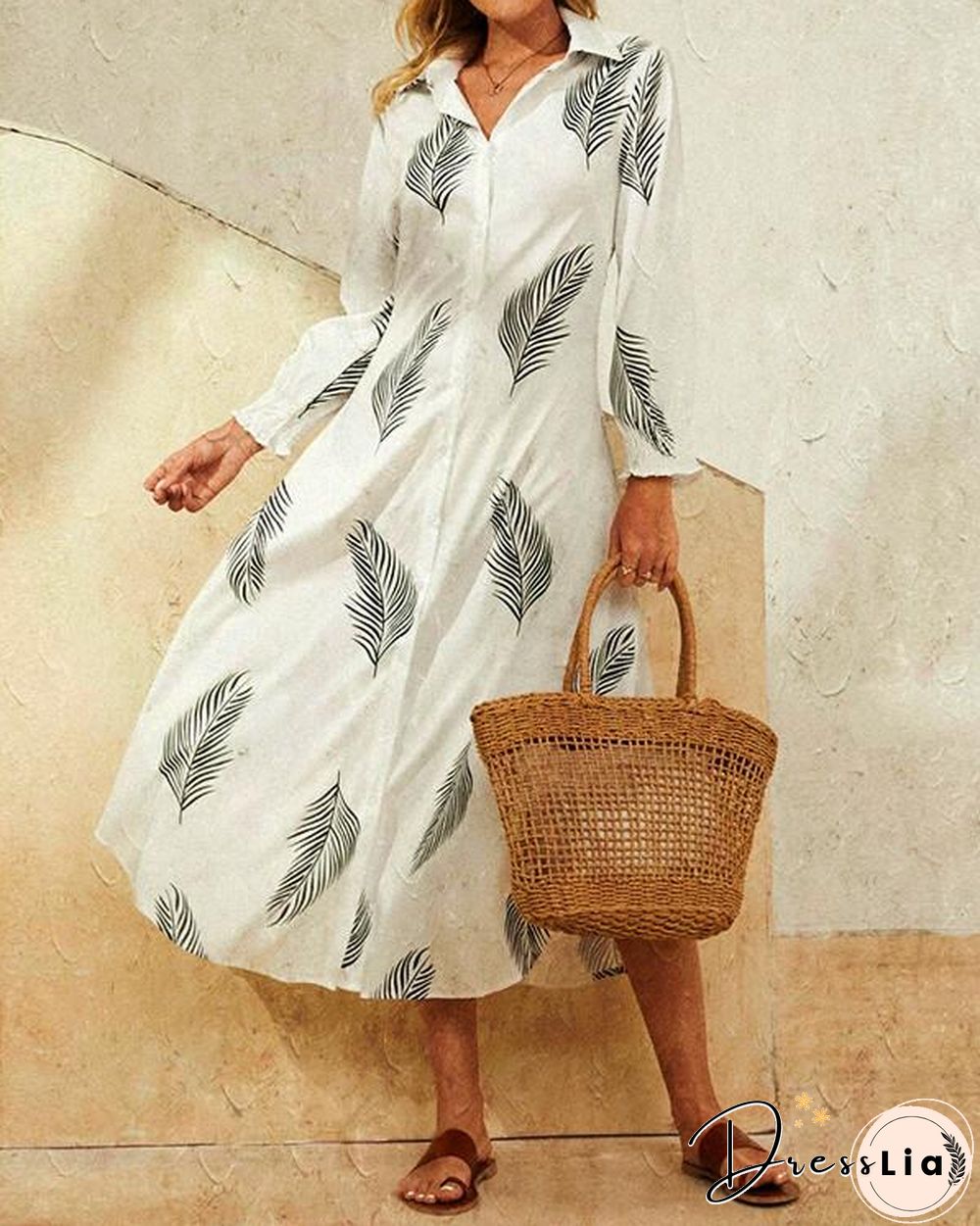 Leaves Print Lapel Button Long Sleeve Maxi Shirt Dress