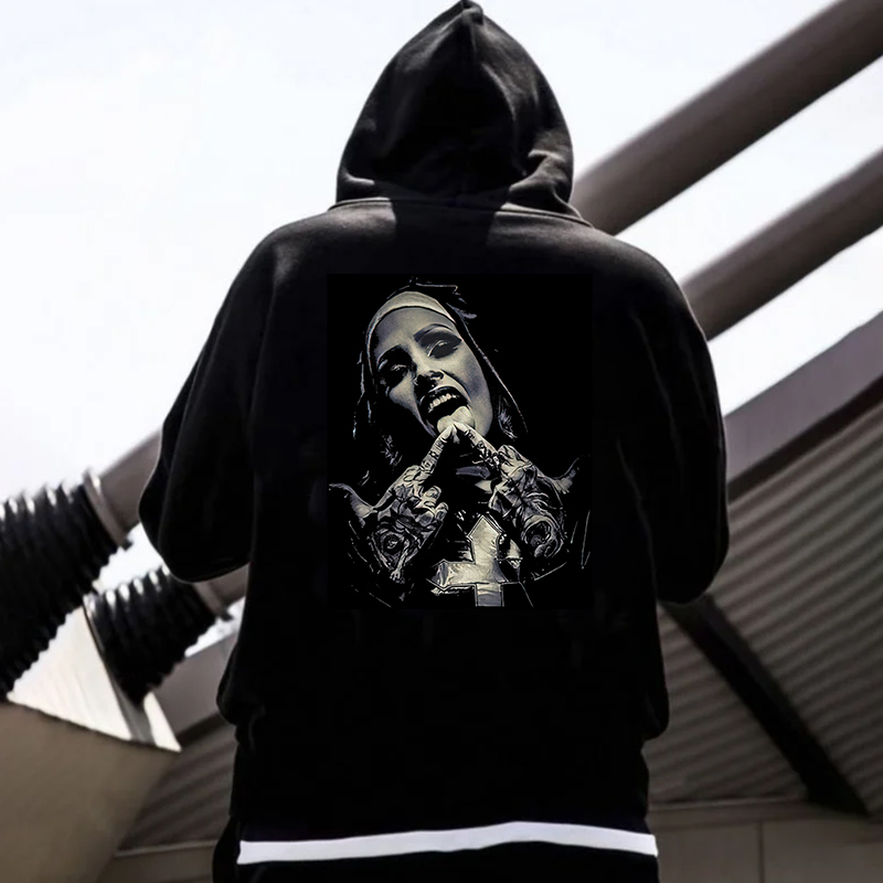 Finger Licking Evil Nun Street Style Graphic Black Print Hoodie