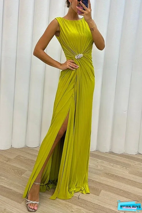 Pretty Special Pleated Embellished Slit Evening Maxi Dress