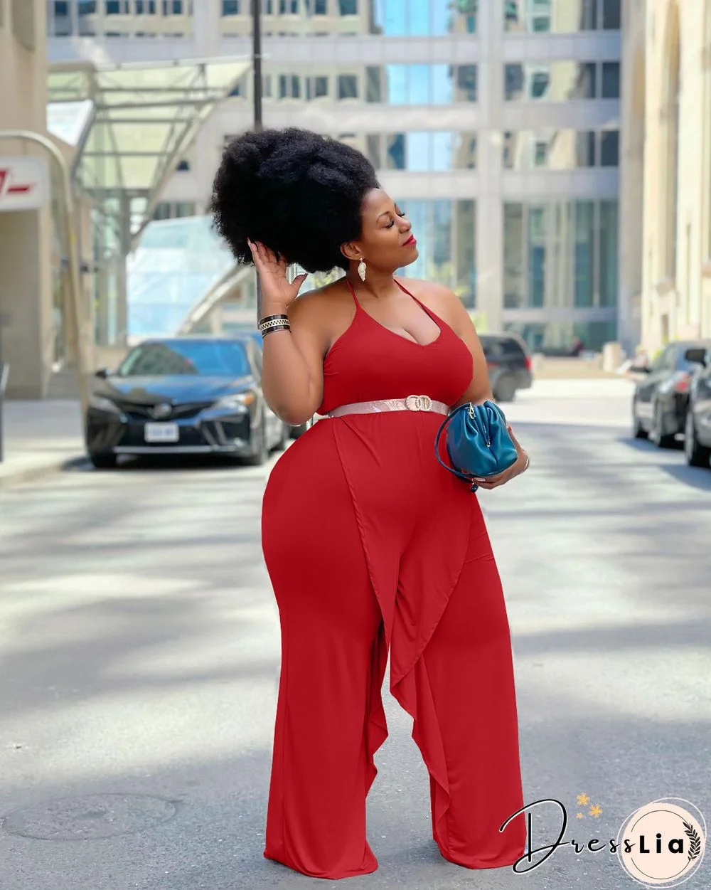 Casual Solid Color Sleeveless Ruffle Halter Lace Up Party Club Summer Plus Size Loose Wide Leg Jumpsuits