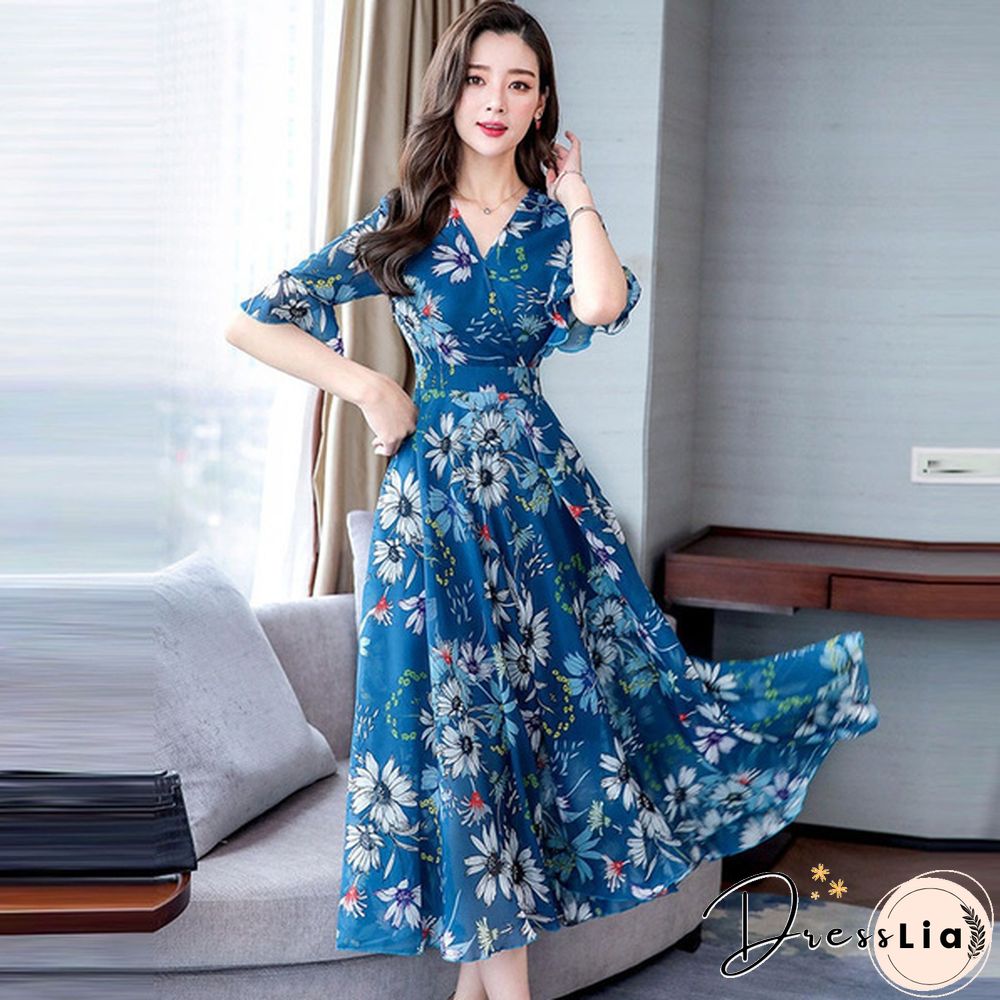 Fashion Floral Print Slim A-Line Dress Elegant Ladies Long Dress Women V-Neck Short Sleeve Chiffon Party Dresses