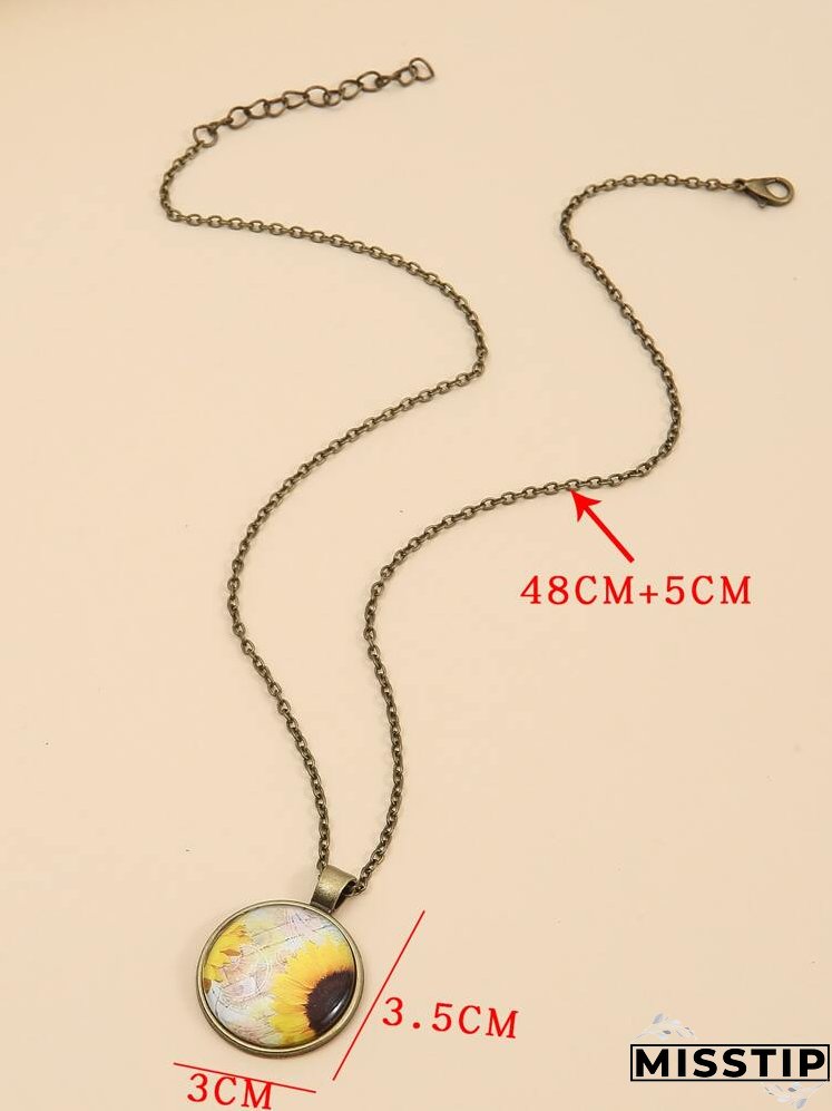 Flower Print Round Pendant Necklace
