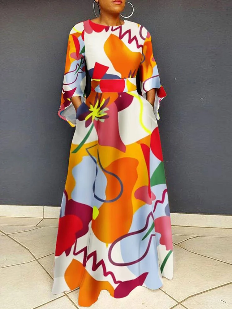 Fashion Colorblock Patchwork Flare Sleeve Pocket Maxi Dress