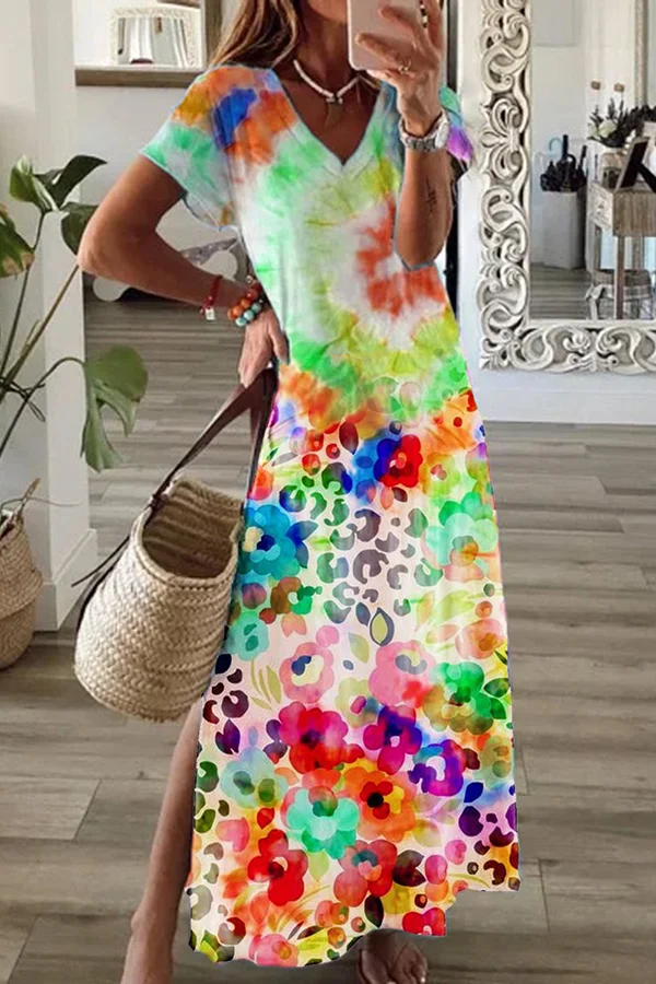 Women's Maxi Dress Colorful Floral Print Holiday Slit Casual Dress