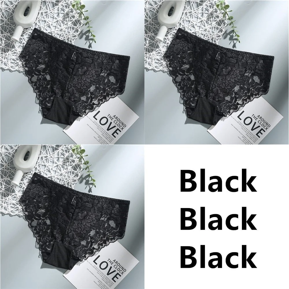 3Pcs Sexy Low Waist Women's Underwear Lace Plus Size Seamless Panties Breathable Lingerie Female Briefs Solid Hollow Underpants