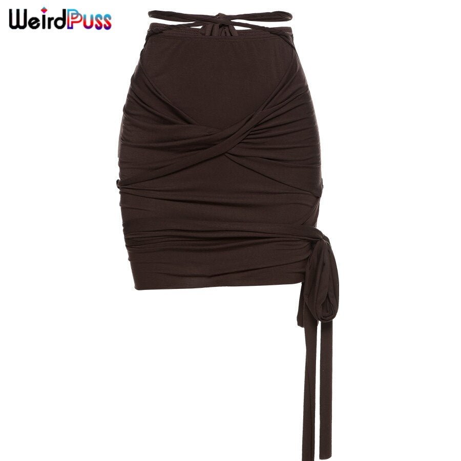 Weird Puss Women Cotton Bandage High Waist Multilayer Mini Skirt Cross Sexy Sling Solid Brown Basic Elastic Streetwear Outfits