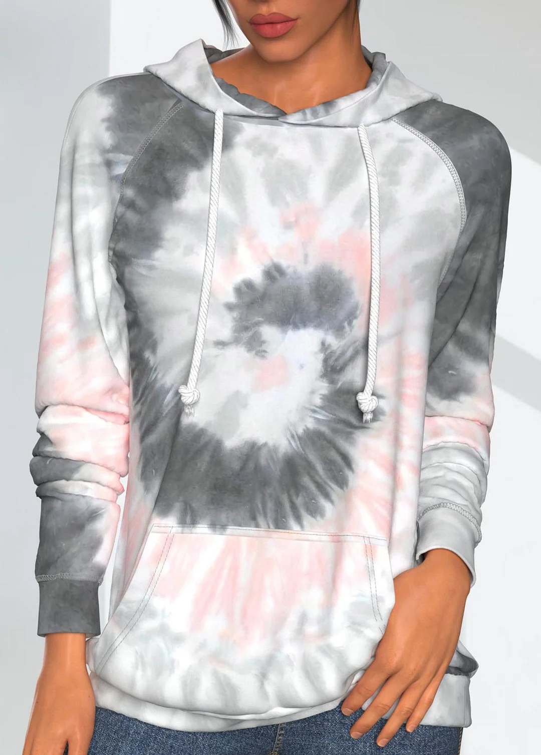 Tie Dye Print Light Grey Drawstring Detail Hoodie