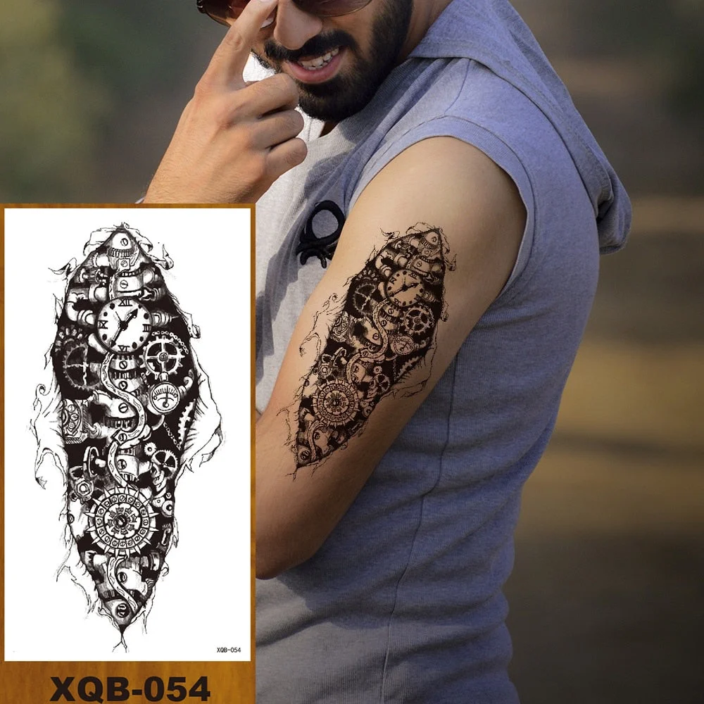 Temporary Tattoo Sticker Men Women Body Fake Tatoo Mechanical Robotic Arm Photorealistic Steampunk Astronaut Compass