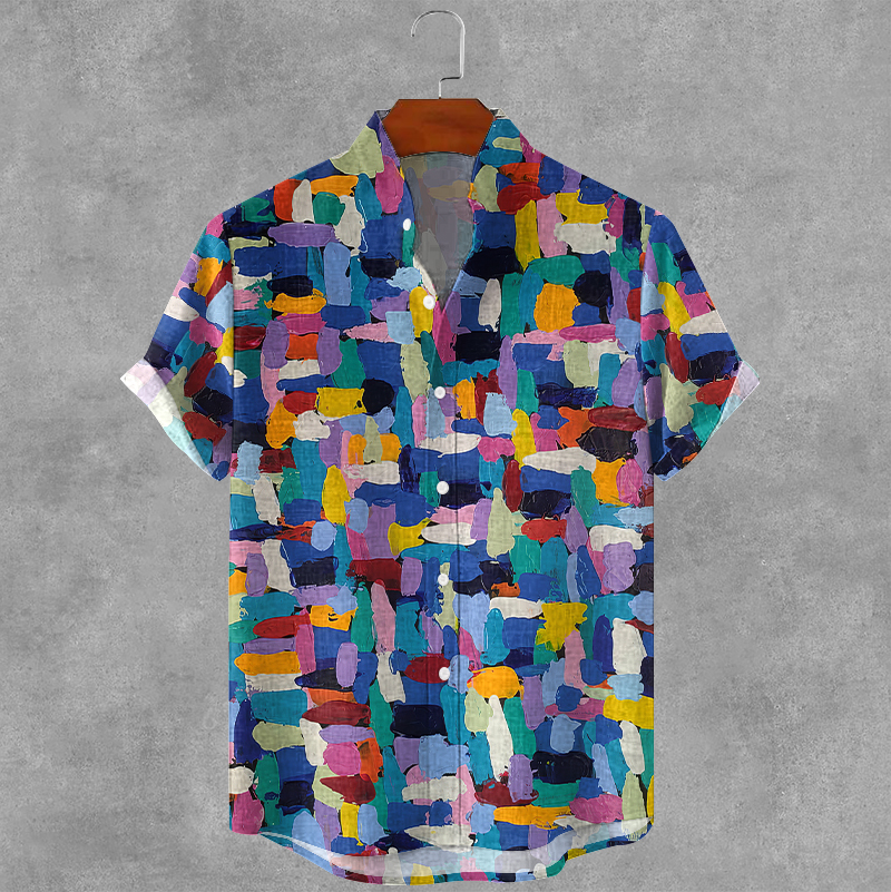 Retro Oil Painting Style Plaid Art Print Cotton And Linen Shirt  artssus