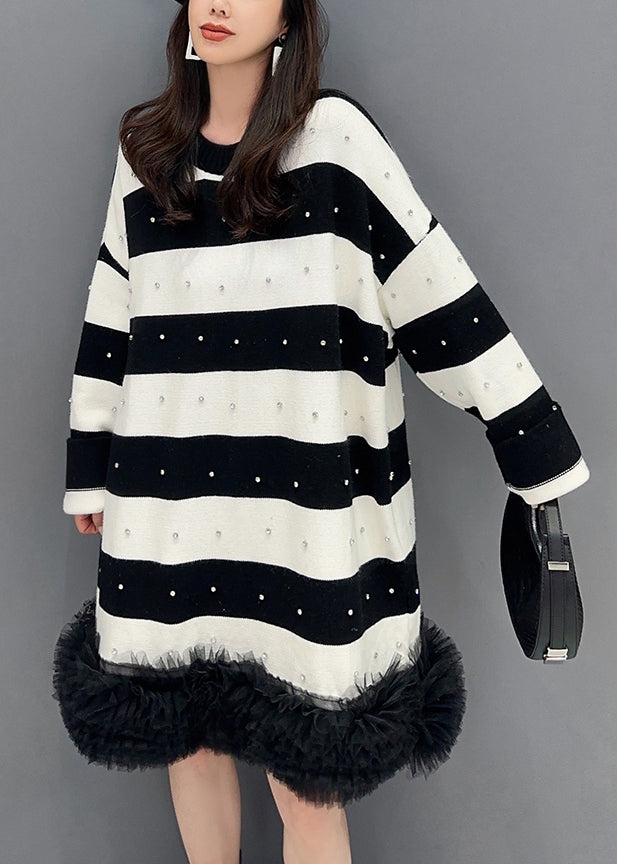 VCSHOES Black Striped Nail Bead Tulle Patchwork Mid Dress Fall