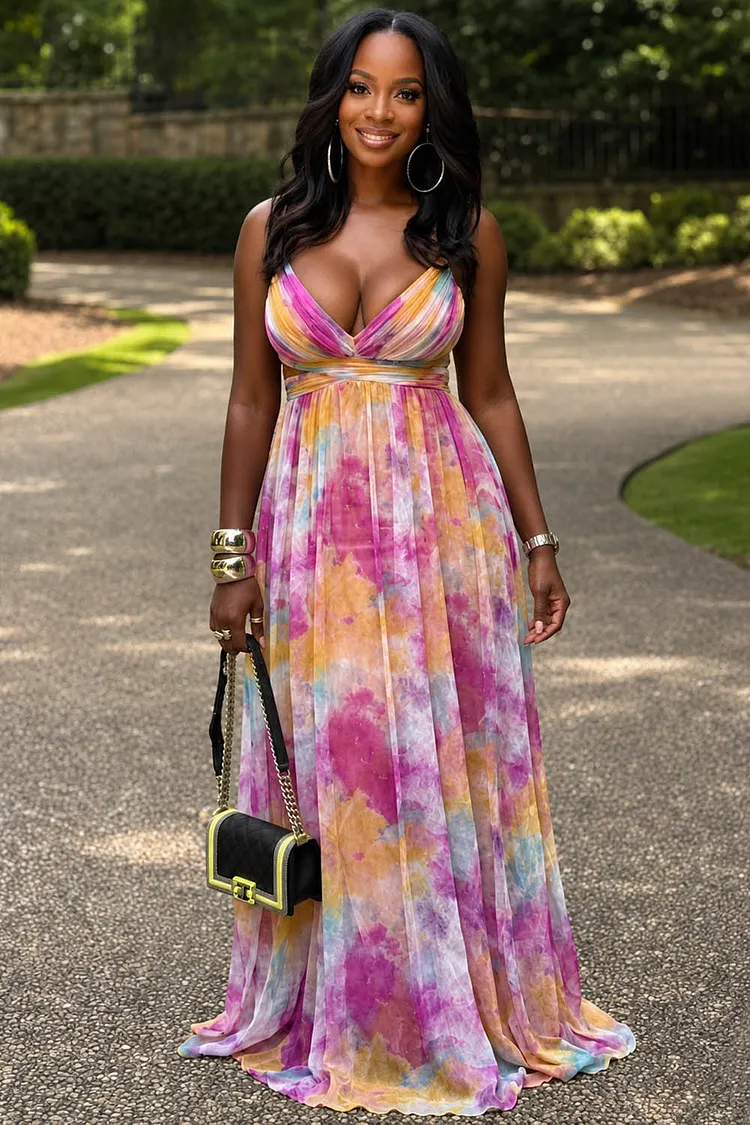 Tie Dye Cami Deep V Neck Backless A-Line Maxi Dresses-Multicolor [Pre Order]
