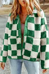 Women's Thick Green Contrasting Colors Snap Button Plaid Sherpa Jacket