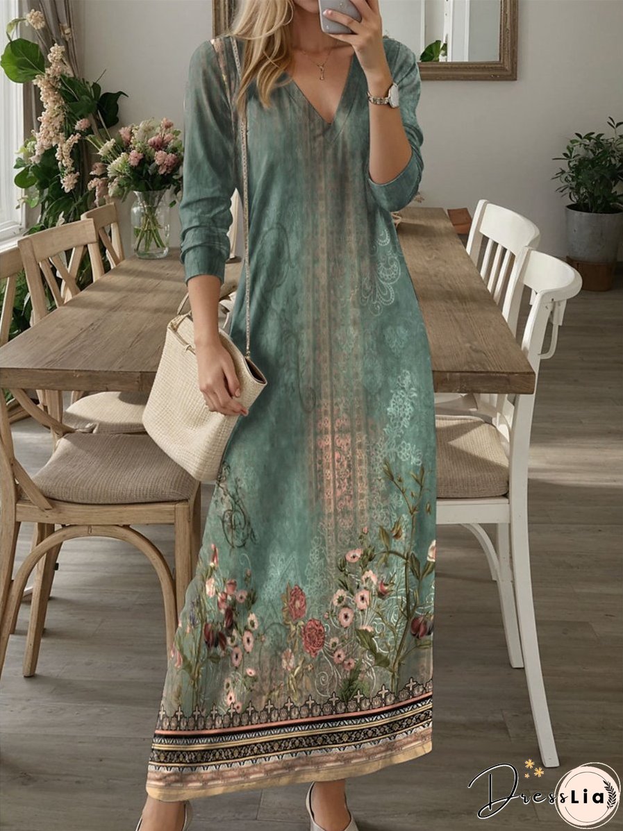 V-neck Long Sleeve Maxi Dress