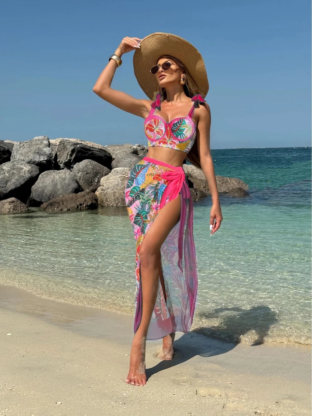 Brownm 2025 Sexy New Color Printing Floral Three-Piece Mesh Beach Dress Swimsuit泳