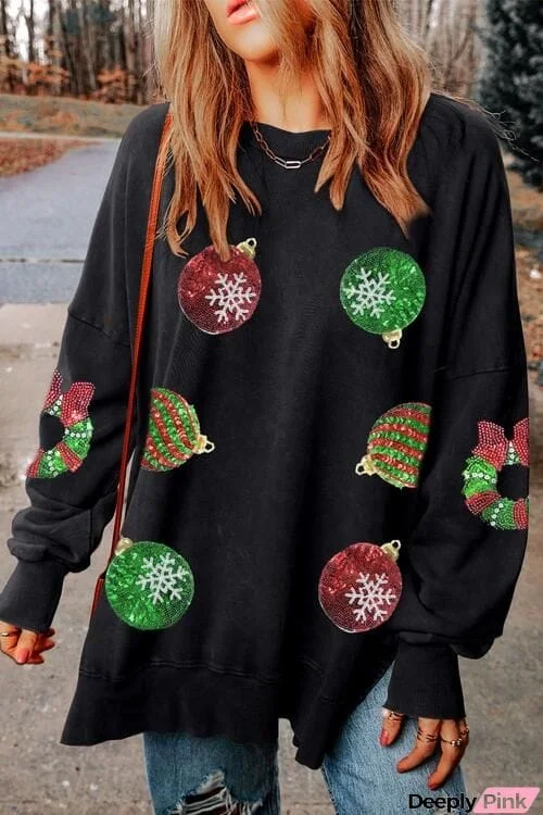 Sequin Christmas Element Round Neck Slit Sweatshirt