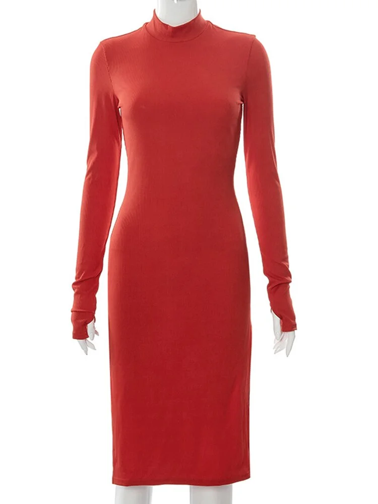 WannaThis Turtleneck Knee Length Dresses For Women Sexy Side Split Elegant Long Sleeve Bodycon Chic Autumn Fashion Dresses 2021