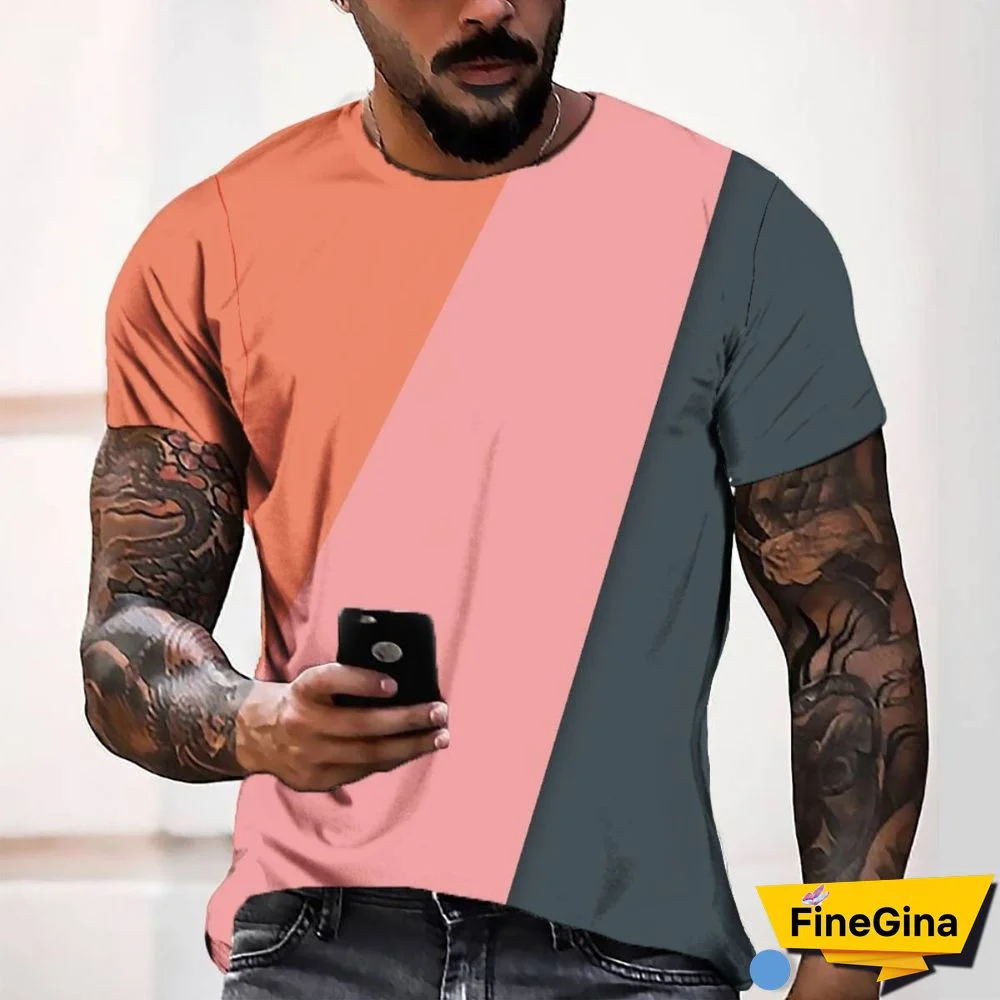 3D Digital Printing Three-color Block Simple Style Men's Casual Loose Short-sleeve T-shirt