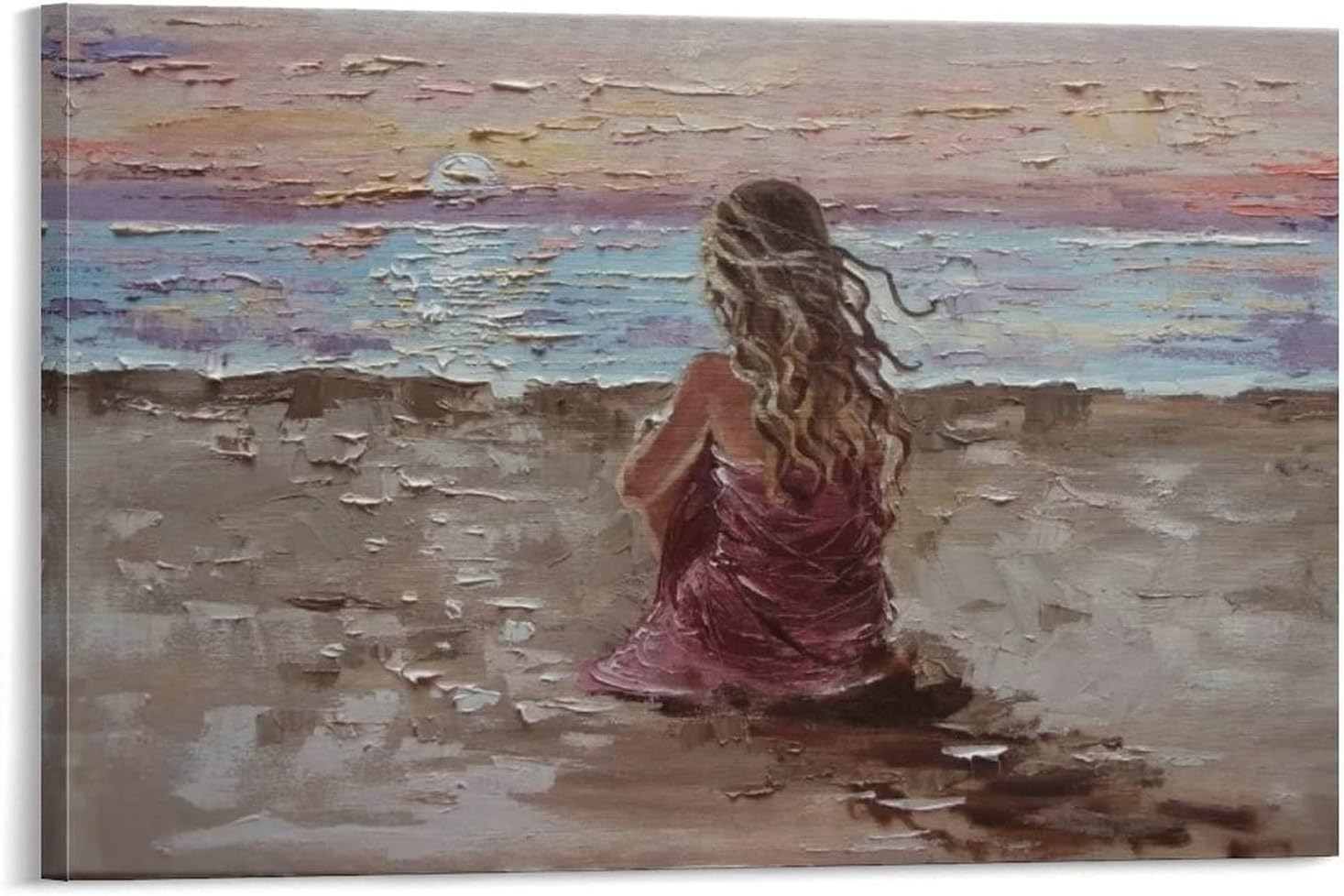 Canvas Painting Sexy Girl Sitting on The Beach in A Pink Dress Oil Painting Art PosterCanvas Painting Posters And Prints Wall Art Pictures for Living Room Bedroom Decor 12x18inch(30x45cm) 12x18inch(30x45cm)