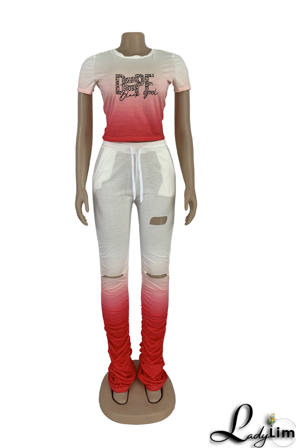 Red Fashion Gradual Change Ripped O Neck Short Sleeve Two Pieces