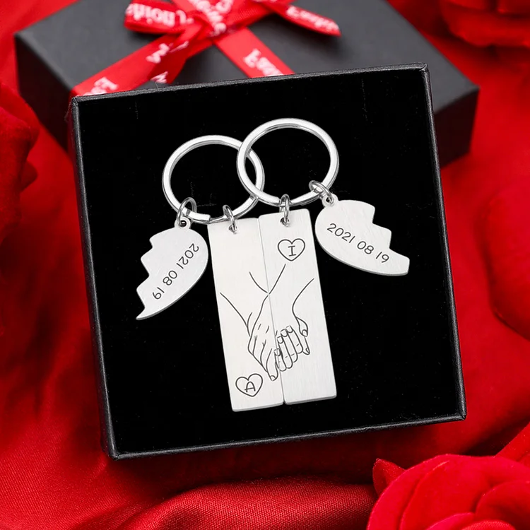 Custom Hand in Hand Couple Keychain Set with Gift Box-Personalized Date Initial Heart Matching Couple Gifts