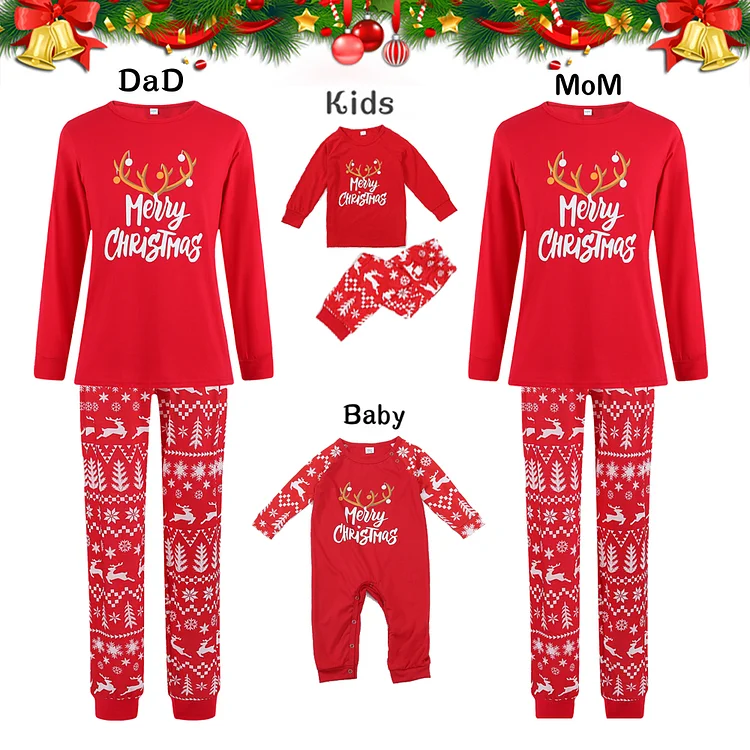 Merry Christmas Red Reindeer Print Family Matching Pajamas Sets