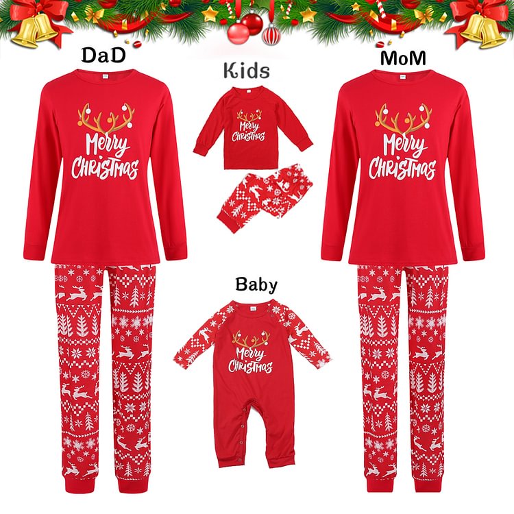 Merry Christmas Red Reindeer Print Family Matching Pajamas Sets