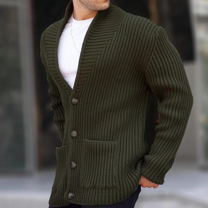Men's Casual Lapel Patch Pocket Single Breasted Knitted Long Sleeve Cardigan