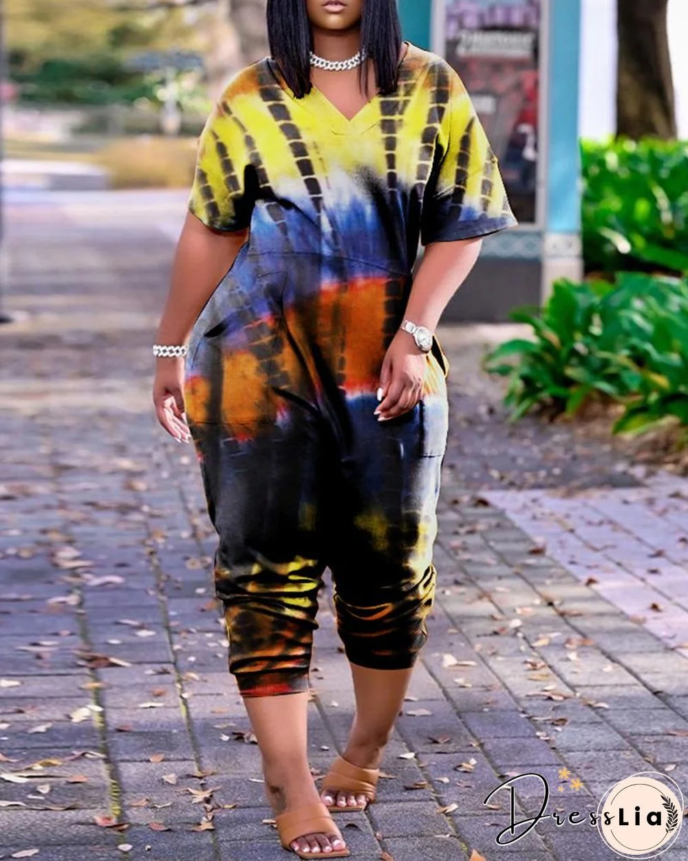 Tie Dye Print Short Sleeve Pocket Design Jumpsuit