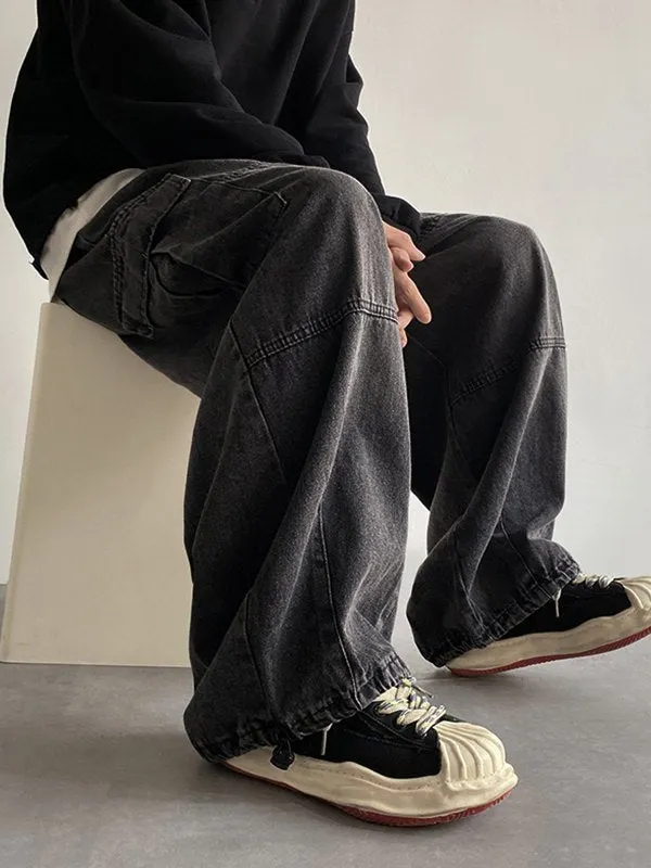 Brownm vintage cargo jeans for men with patch pockets