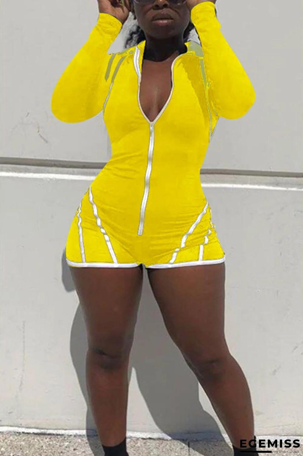 Yellow Fashion Sexy Solid zipper Patchwork Ribbon Long Sleeve O Neck Rompers | EGEMISS