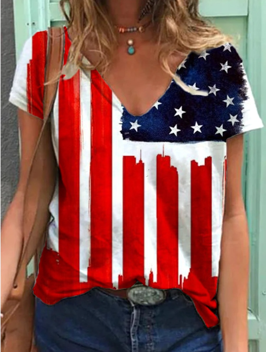 Women's Short Sleeve Top Independent Day Printed T-shirt V-neck
