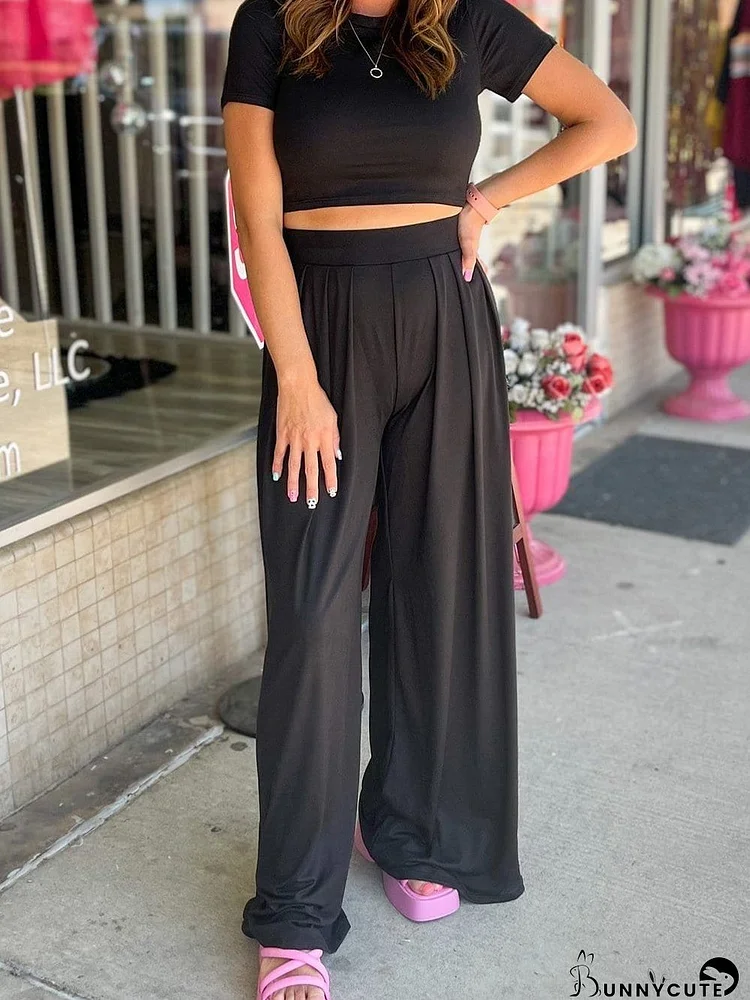 Chic Black Two-Piece Crop Top and Wide Leg Pants Set