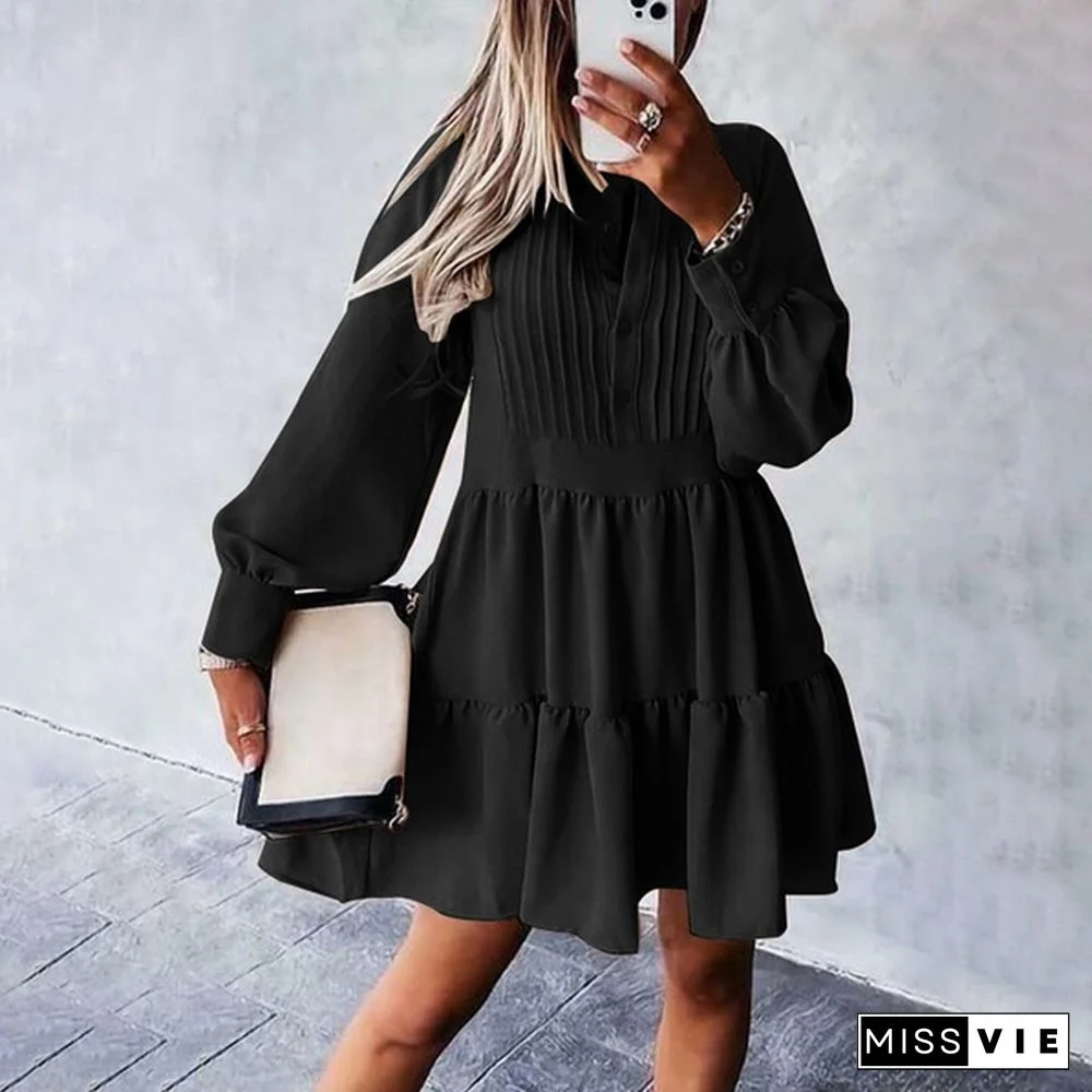 Women Party Ball Night Mini Sundress Puff Sleeve Solid Pleated Layered Dress NEW
