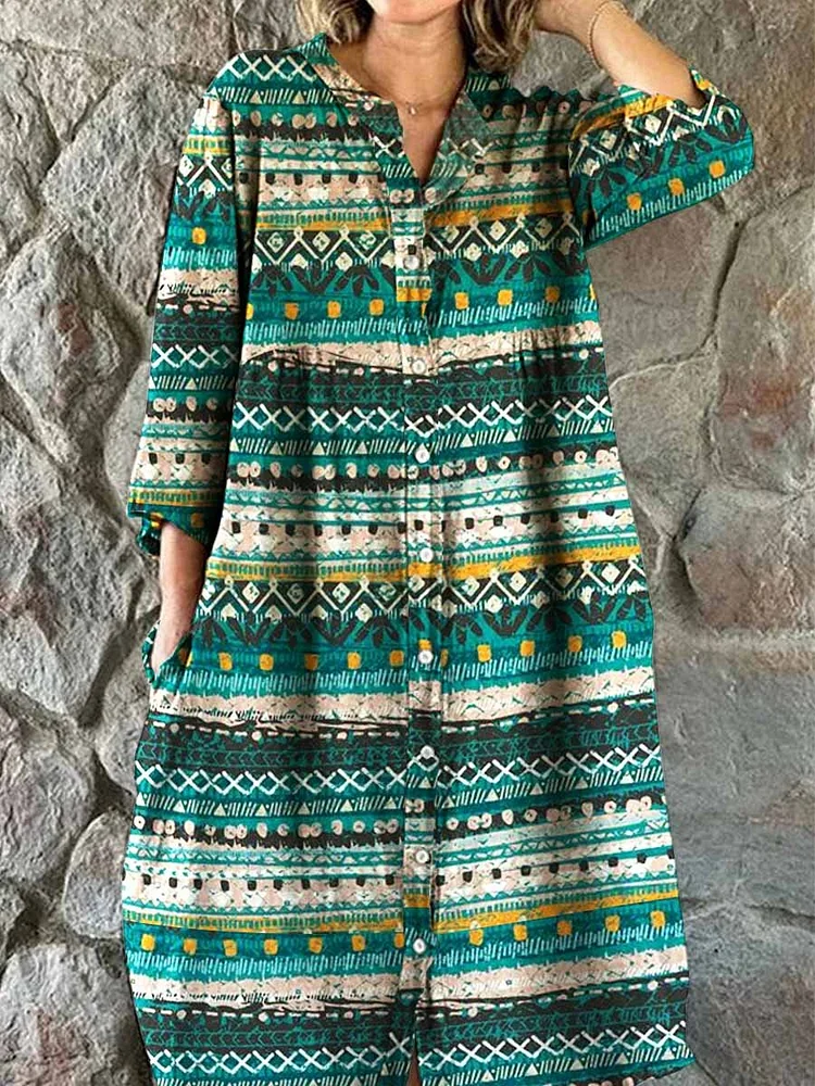 Women's Bohemian Ethnic Geometric Print Cotton And Linen Dress
