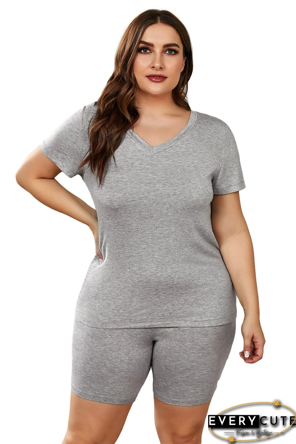 Gray Plus Size V Neck T-shirt and Shorts Loungewear