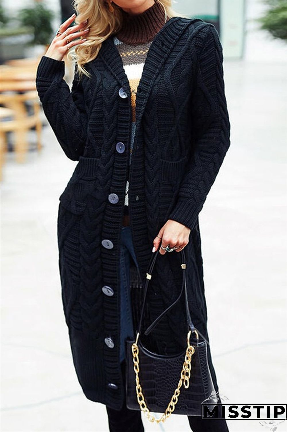Black Casual Solid Patchwork Cardigan Collar Outerwear