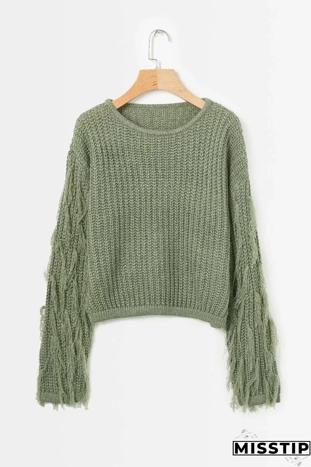 Solid Color Round Neck Long Sleeve Tassel Sweater