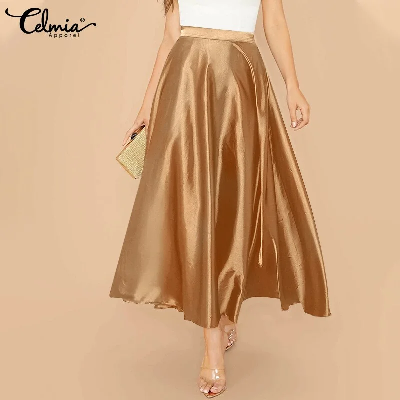 Celmia Women High Waist Satin Skirts 2022 Fashion Elegant Party Maxi Skirt Pleated Casual Solid Color A-line Skirt Streetwear