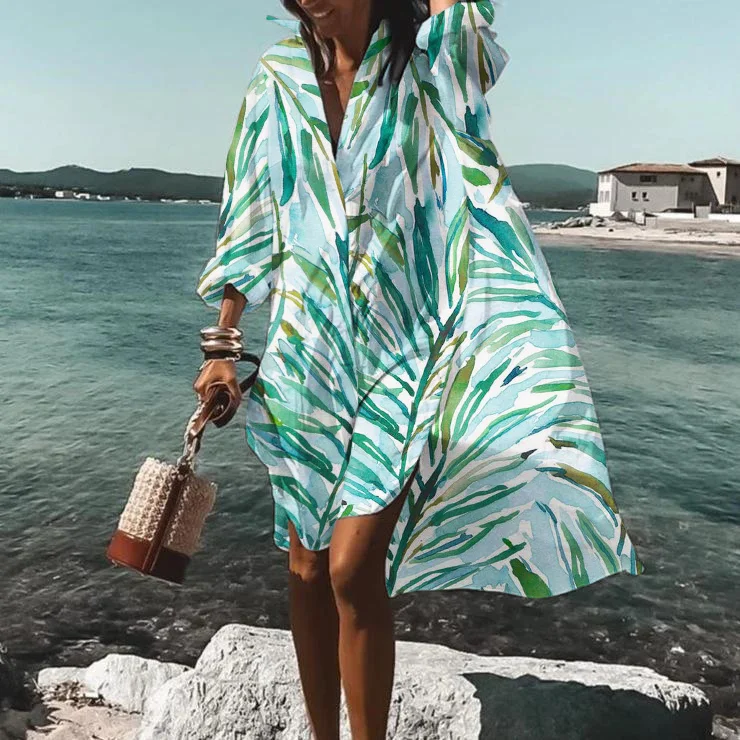 Bamboo Leaf Print Casual Midi Dress